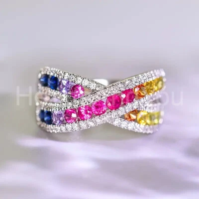 4ct Round Lab-Created Multicolor Gemstone Rainbow Ring 14k White Gold Plated - Image 1 of 4