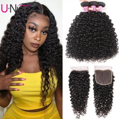 Extensiones de cabello humano rizado indio UNICE HAIR 3 paquetes con tejido de cierre de encaje Foto 1 de 4
