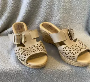 Spring Step Womens Sandals 38 Tan Italy Slides Leather Cork 2.5" heel Intricate - Picture 1 of 14