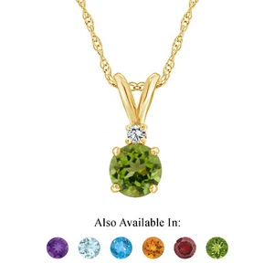 14K Yellow Gold 6mm Round Natural Peridot Diamond Accent Pendant Necklace - Picture 1 of 4
