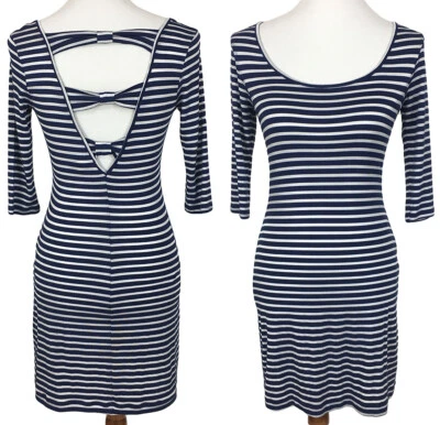 Johnny Martin Womens Size S Blue Stripe Body Con Dress Scoop Open Back Stretch  - Изображение 1 из 4