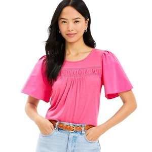 Ann Taylor Loft Pink Cotton Short Ruffle Flared Sleeve Round Neck Top Size XS - Picture 1 of 7
