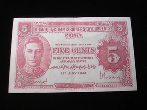 Straits Settlements Malay States Malaya 1941 Five Cents Better Grade Banknote - Picture 1 of 2
