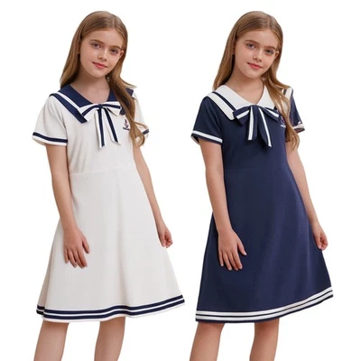 Girls School Uniform Dress Sailor Collar Puff Sleeve A-Line Dress Party Princess - Image 1 of 3