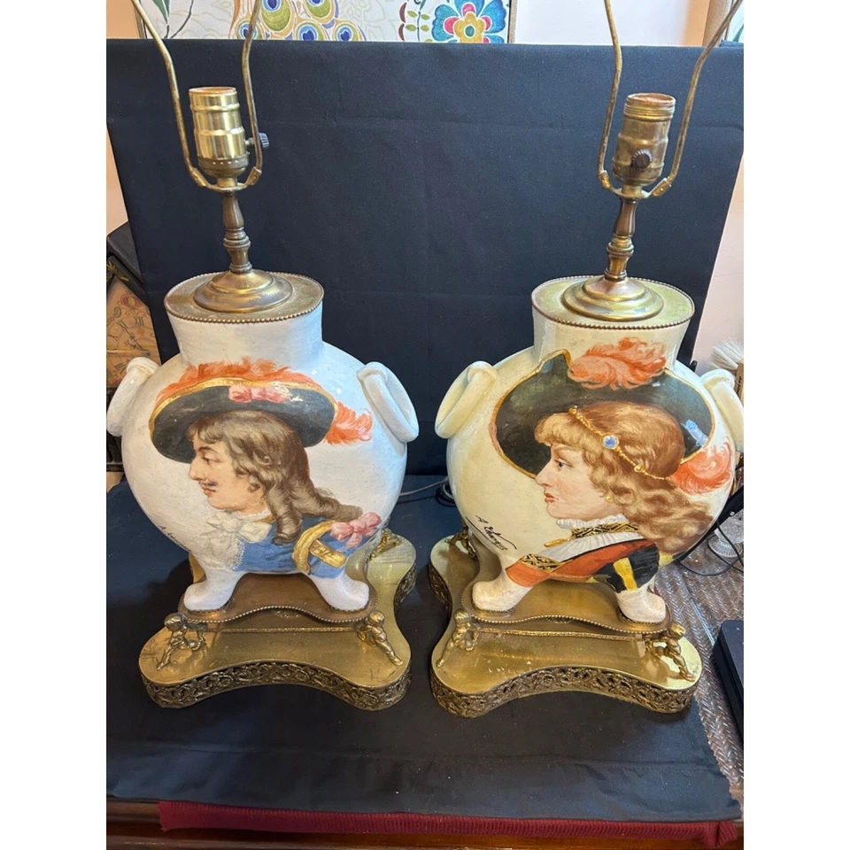 "Par de lámparas antiguas de porcelana JARRÓN ALMOHADA 31"" T de A. Lebarque" Foto 1 de 4