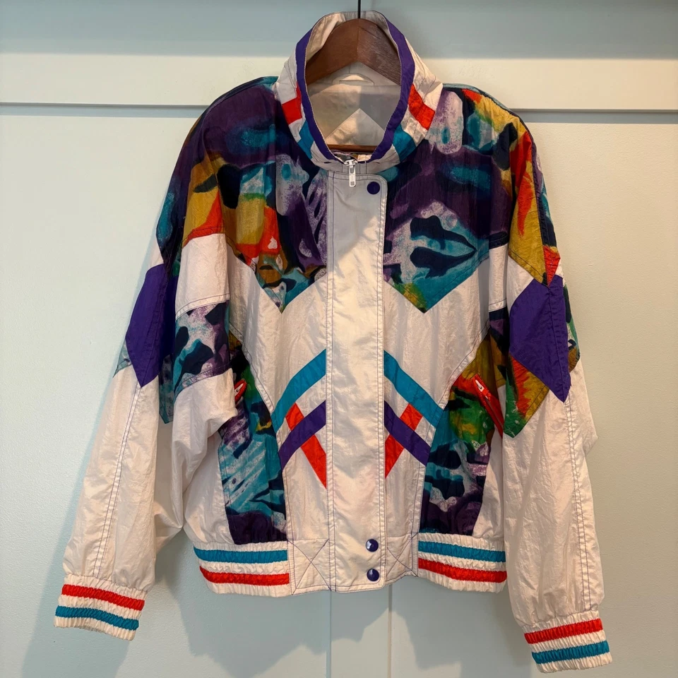 Chaqueta de esquí geométrica abstracta East West años 80 para mujer mediana nailon cremallera bloques de colores Foto 1 de 4