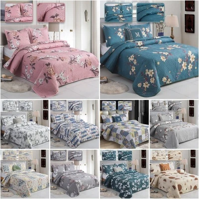 3 Piece Patchwork Reversible Bedspread Quilt Comfort Bed Throw Set Double & King - Image 1 of 4