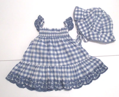 NIÑAS INFANTILES SHABBY CHIC AZUL CUADROS OJALES AJUSTADOS ENCAJE VESTIDO Y SOMBRERO PARA EL SOL SOMBRERO 0-3 M Foto 1 de 4