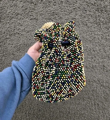 Vintage Handbag Purse Beaded Colorful Boho Festival Hippie Drawstring Small 70s - Image 1 of 4