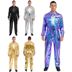 Men Shiny Metallic Overalls Turn-down Collar Jumpsuit with Waistband Halloween - Picture 1 of 39
