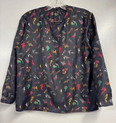  Blusa Top Seda Negra Estampado de Zapatos Mangas Largas Botones Pequeña Foto 1 de 4