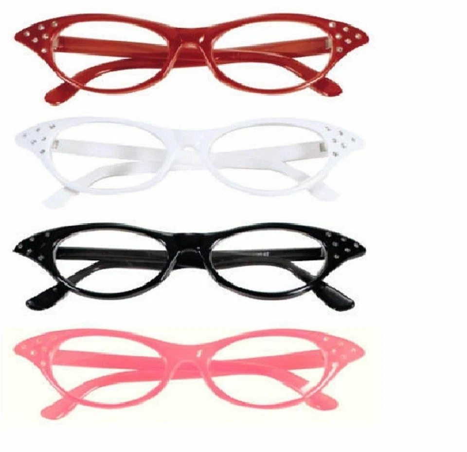 50's Retro Rock n Roll Studded Cat Eye Sunglasses Clear Lens Grease Fancy Dress.