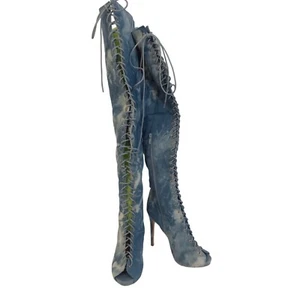 Glaze Boots Heels Over The Knee Womens Size 10 Denim White Lace Up Peep Toe - Picture 1 of 9