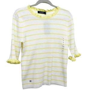 Lauren Ralph Lauren XL Stretch Knit Ribbed Top Yellow Lettuce Ruffled Trim NEW - Picture 1 of 8