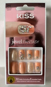 KISS Jewel Fantasy False Nails - 69115 Peach/nude, gold glitter & diamante x 30 - Picture 1 of 1