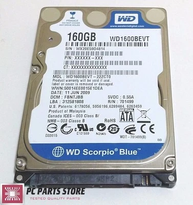 Western Digital 160GB 2.5 WD1600BEVT-22ZCT0 2061-701499-E00 AC FOR PARTS/REPAIR - Image 1 of 4