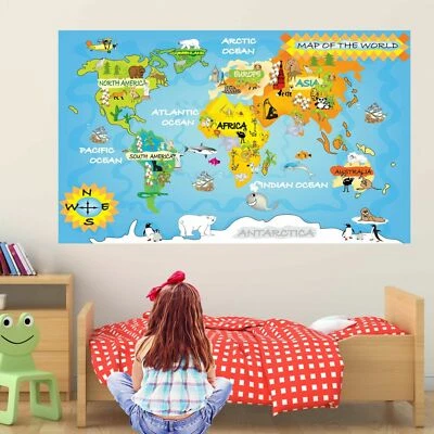 Animals World Map Wall Art Stickers Mural Decal Kids Bedroom School Nursery ES2 - Image 1 of 2