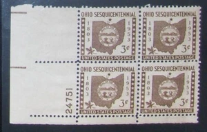 US 3¢ stamp Ohio Sesquicentennial Statehood SC #1018 MNH 1953 plate block. - Picture 1 of 3