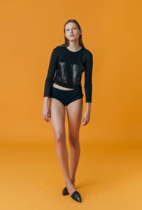 Black Leather Cropped Top Small Wool Sweater Italian Merino Luxury Lambskin $395 - Picture 1 of 10