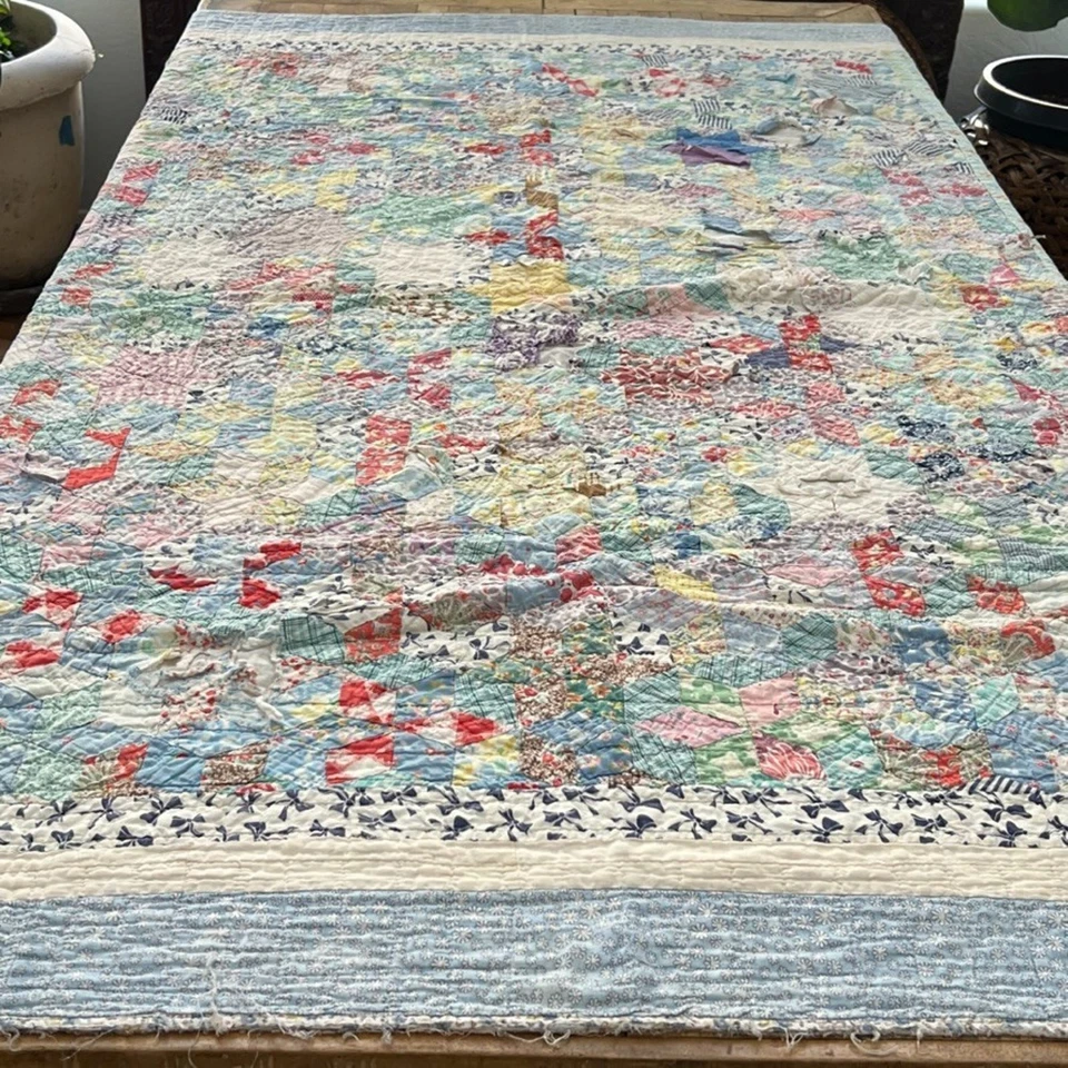 Antique Feed Sack Hand Sewn Hand Quilted Quilt 78 x 62" Patchwork Geometric - Image 1 of 4