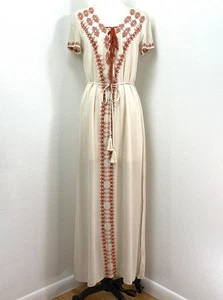 Maxi Vestido Paper Crane Marfil Rayón Pequeño Naranja Óxido Bordado Boho Lounge - Imagen 1 de 16