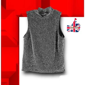 PRIMARK Women’s Silver High Neck Cropped Size 8 Ladies Sleeveless Sparkly Top - Picture 1 of 6