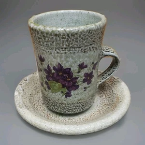 Monroe Salt Works Style Stoneware Mug And Saucer Set Floral Violets Pattern VG  - Picture 1 of 18
