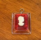 Vintage Lucite Beveled Red With White Cameo Pendant 7/8" X 1-1/8"
