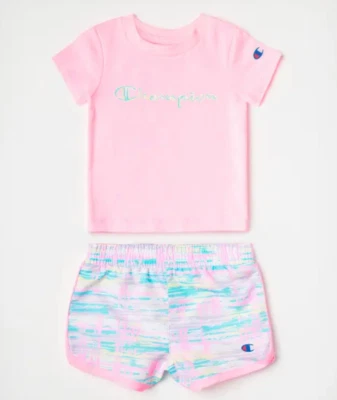 Nueva camiseta Champion manga corta pincelada y pantalones cortos tejidos 2 piezas bebé niña rosa  Foto 1 de 4