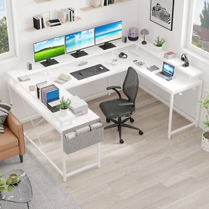 126in U Shaped Computer Gaming Desk, Reversible L Shaped Desk With Storage Shelf - Picture 1 of 29