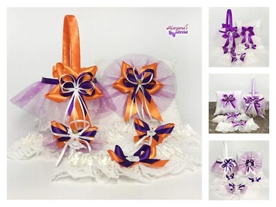 Conjunto de canasta almohada portador de anillo niña flor púrpura naranja orquídea lavanda berenjena Foto 1 de 4