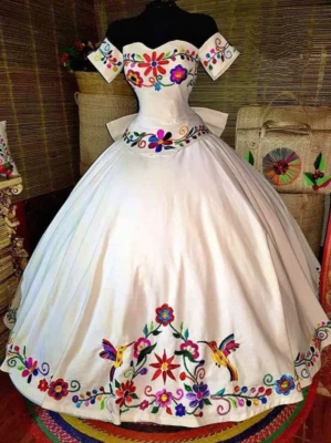 Mexcian Wedding Dresses Vintage Flower Embroideried Satin with Bow Bridal Gowns - Image 1 of 4