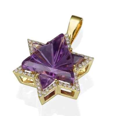 Amethyst Star of David 14K Gold Diamond Studded Jewish Star Pendant - Image 1 of 4