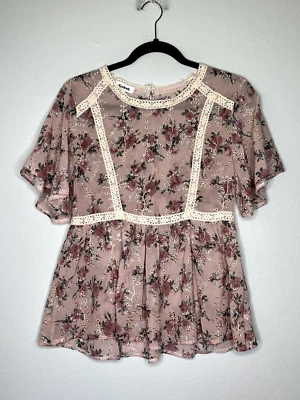 Anthropologie Kindred Women Top Pink Floral Eyelet Coquette Blouse Size Small - Image 1 of 4
