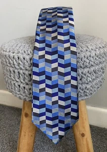 Duchamp London Blue Label Silk Tie Geometric Chevrons Rectangles Blue Grey - Picture 1 of 8