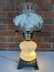 Vintage White Roses Hurricane Electric 16.5" Glass Parlor Table Lamp - Picture 1 of 24