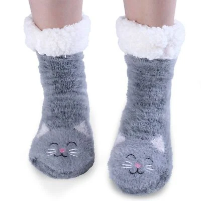 Women Cute Cat Slipper Socks Winter Fluffy Warm Thermal Bed Socks Xmas Gifts UK