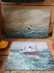 2 pinturas al óleo marinas vintage ferry mar áspero - Imagen 1 de 3
