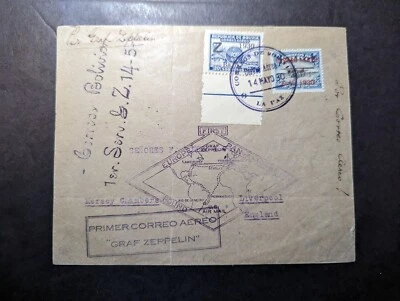 1930 Bolivia LZ 127 Graf Zeppelin First Flight Cover La Paz to Liverpool England - Image 1 of 2