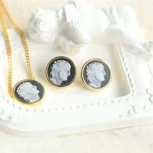 F18 Hercules Pearl Agate Black Pendant Necklace Earrings Silver 925 - Bild 1 von 9