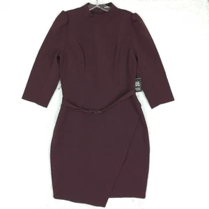 Express Womens Dress Sheath Belted Mock Neck Puff Sleeve Purple Burgundy M New - Picture 1 of 10