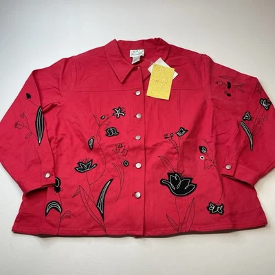 Quacker Factory Jacket Womens Sz 2XL Floral Beaded Embroidery Red Jean Denim - Image 1 of 4