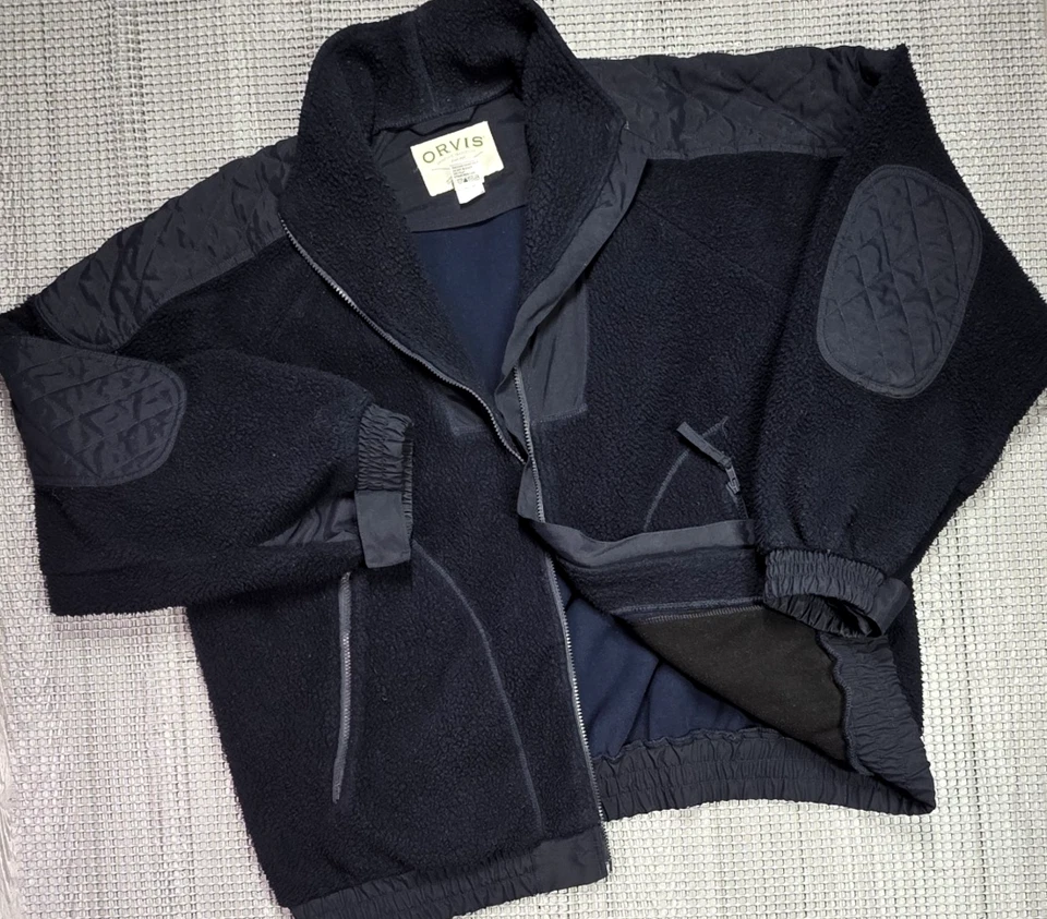 Orvis Hombres Azul XL Sherpa Vellón Cremallera Completa Chaqueta Militar Codo Parches para el Hombro Foto 1 de 4