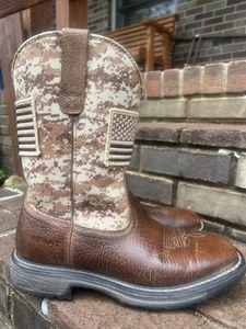 Men’s 9.5D ARIAT Work Boots Leather Brown American Flag Camo Shaft Excellent - Picture 1 of 13