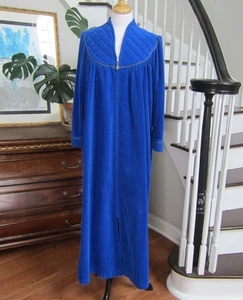Vanity Fair Blue Fleece Velvet with Gold Trim Full Zip Full Length Robe Size M - Picture 1 of 10