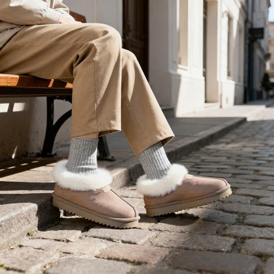 INNERSECT Womens Slippers Beige Faux Fur Boots Suede Warm Shoes For Ladies UK SIZE