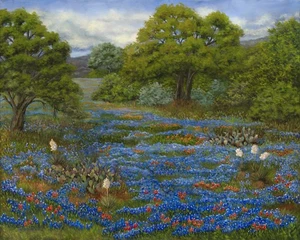 Druck des Original-Ölgemäldes 9 x 12 Zoll Willow City Loop Texas Bluebonnets & Yuccas - Bild 1 von 1
