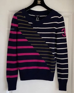 NWT $2350 20C CHANEL CASHMERE NAVY PINK WHITE KHAKI STRIPED CC RUNWAY SWEATER 36 - Picture 1 of 12