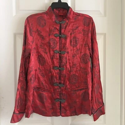 Camisa Mandarín Vintage Años 90 Shanghai ROJA Manga Larga Floral Rojo Cuerda Botones Foto 1 de 4