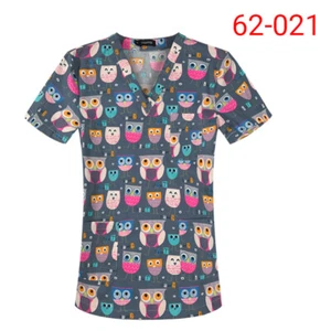 100% Cotton Unisex Scrub Tops Cartoon Printing Women Men Clinic Nursing Shirt - Picture 1 of 60